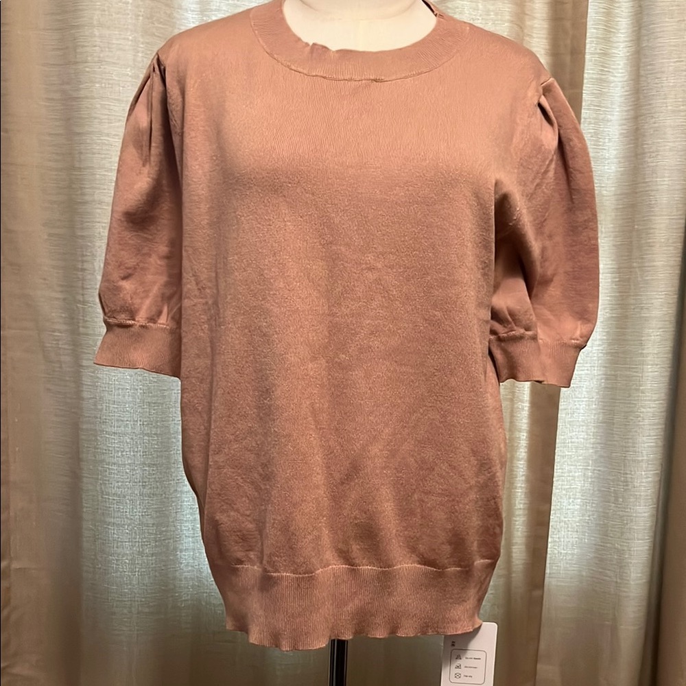 Trendy Mocha Tan Brown Puff Sleeve Knit Short Sleeve Top Womens Large